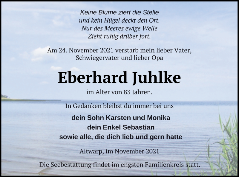  Traueranzeige für Eberhard Juhlke vom 01.12.2021 aus Haff-Zeitung