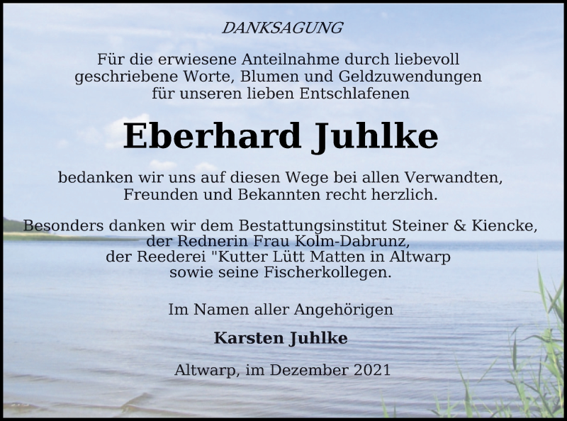  Traueranzeige für Eberhard Juhlke vom 18.12.2021 aus Haff-Zeitung
