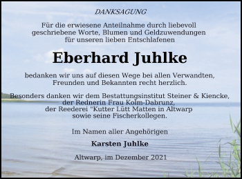 Traueranzeige von Eberhard Juhlke von Haff-Zeitung