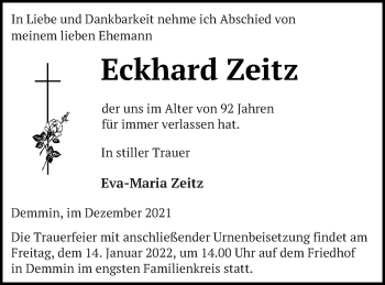 Traueranzeige von Eckhard Zeitz von Demminer Zeitung