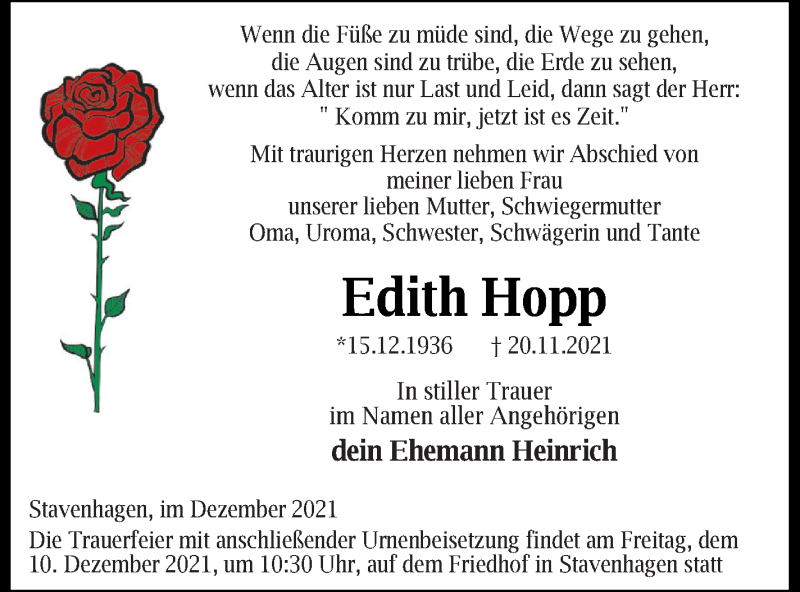  Traueranzeige für Edith Hopp vom 04.12.2021 aus Neubrandenburger Zeitung