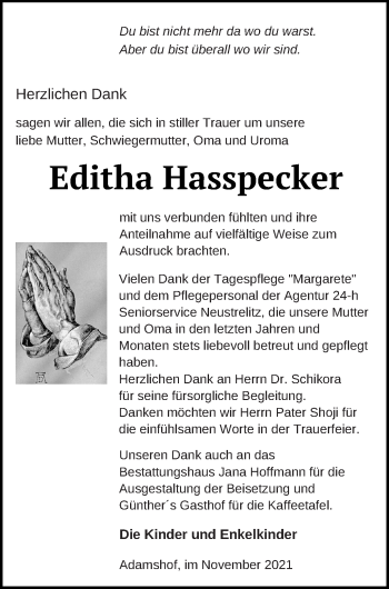 Traueranzeige von Editha Hasspecker von Neubrandenburger Zeitung