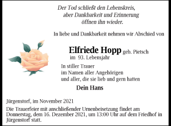 Traueranzeige von Elfriede Hopp von Mecklenburger Schweiz