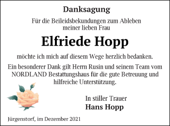 Traueranzeige von Elfriede Hopp von Mecklenburger Schweiz