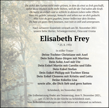 Traueranzeige von Elisabeth Frey von Neubrandenburger Zeitung