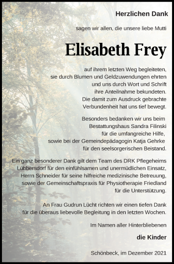 Traueranzeige von Elisabeth Frey von Strelitzer Zeitung