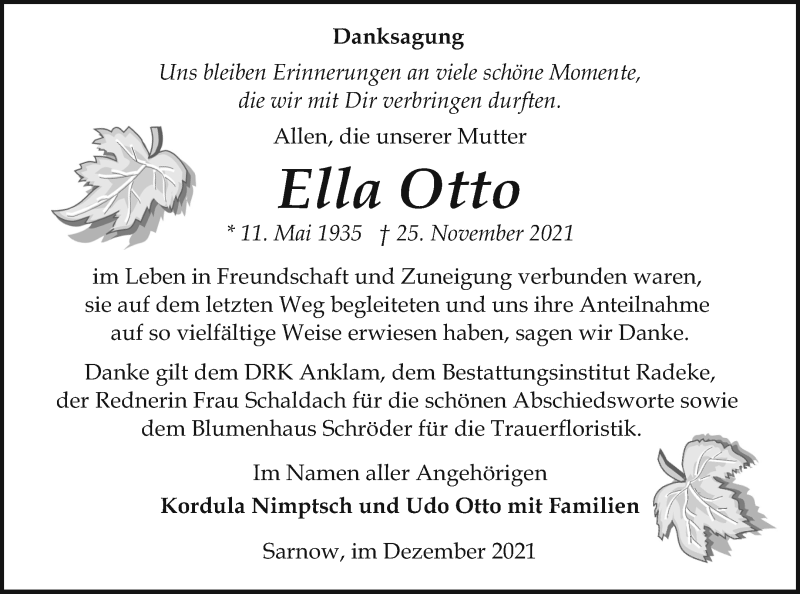  Traueranzeige für Ella Otto vom 18.12.2021 aus Vorpommern Kurier