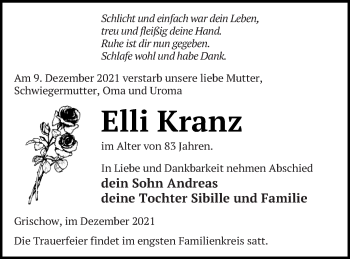 Traueranzeige von Elli Kranz von Neubrandenburger Zeitung