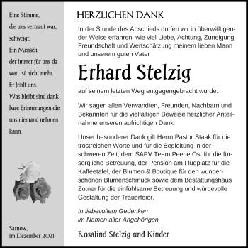 Traueranzeige von Erhard Stelzig von Vorpommern Kurier