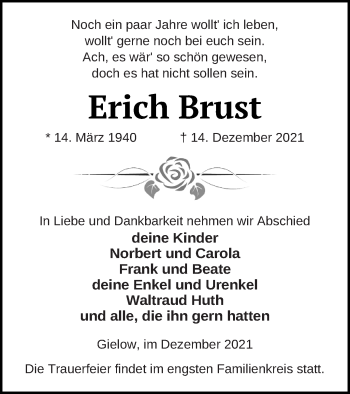 Traueranzeige von Erich Brust von Mecklenburger Schweiz