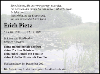 Traueranzeige von Erich Pietz von Haff-Zeitung