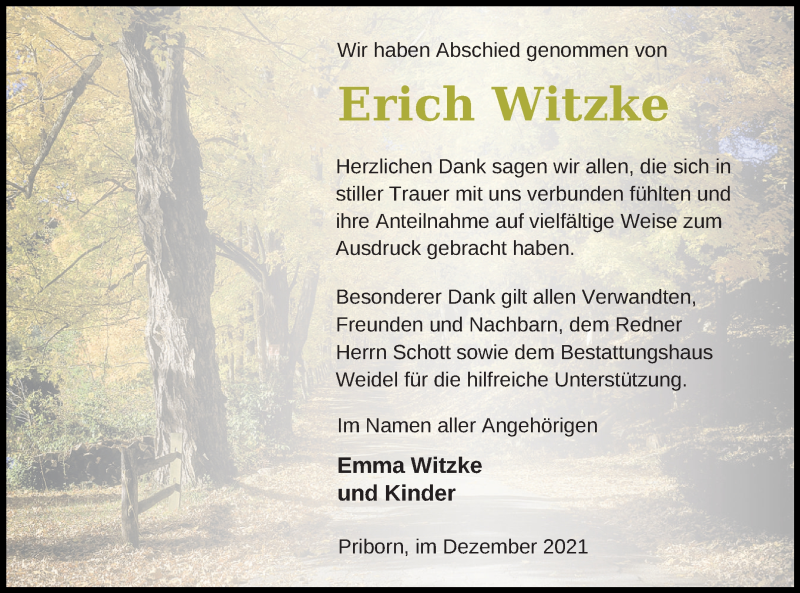  Traueranzeige für Erich Witzke vom 17.12.2021 aus Müritz-Zeitung