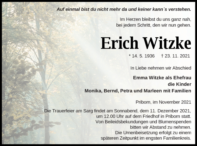  Traueranzeige für Erich Witzke vom 01.12.2021 aus Müritz-Zeitung