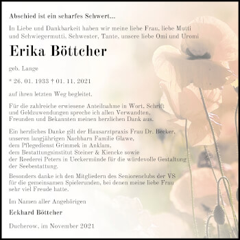 Traueranzeige von Erika Böttcher von Vorpommern Kurier