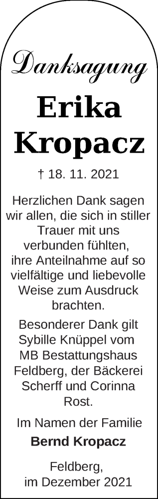 Traueranzeige von Erika Kropacz von Strelitzer Zeitung