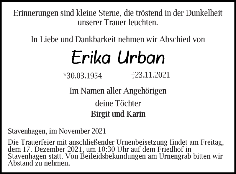 Traueranzeige für Erika Urban vom 02.12.2021 aus Mecklenburger Schweiz