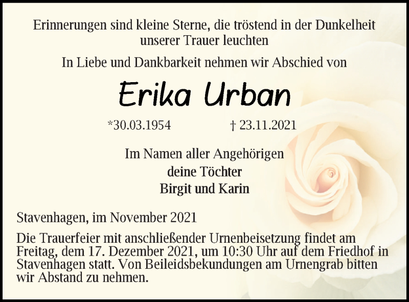  Traueranzeige für Erika Urban vom 04.12.2021 aus Mecklenburger Schweiz