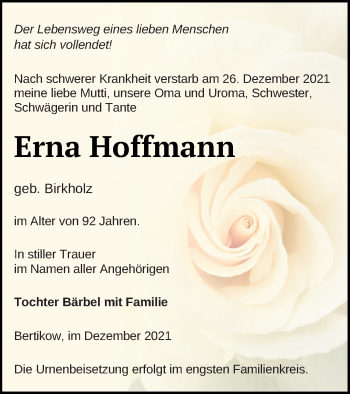 Traueranzeige von Erna Hoffmann von Prenzlauer Zeitung