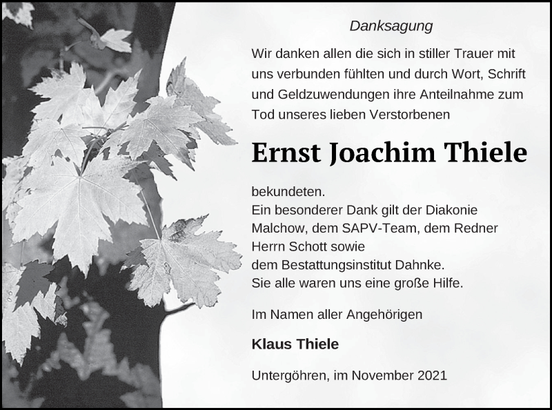  Traueranzeige für Ernst Joachim Thiele vom 02.12.2021 aus Müritz-Zeitung