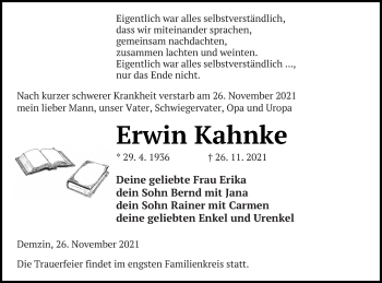 Traueranzeige von Erwin Kahnke von Mecklenburger Schweiz