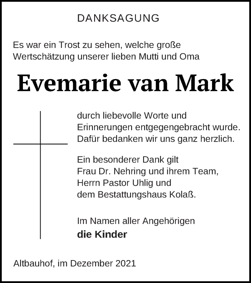  Traueranzeige für Evemarie van Mark vom 18.12.2021 aus Mecklenburger Schweiz
