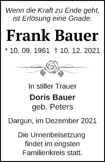 Traueranzeige von Frank Bauer von Mecklenburger Schweiz