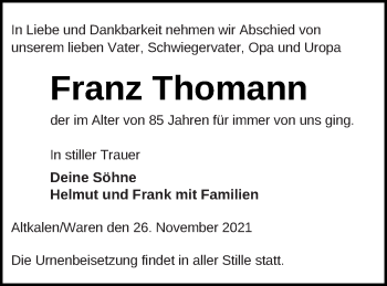 Traueranzeige von Franz Thomann von Mecklenburger Schweiz