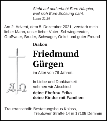 Traueranzeige von Friedmund Gürgen von Demminer Zeitung