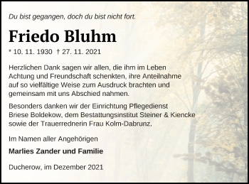 Traueranzeige von Friedo Bluhm von Vorpommern Kurier