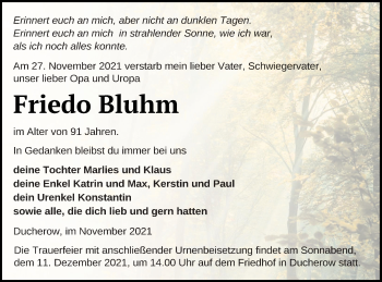 Traueranzeige von Friedo Bluhm von Vorpommern Kurier