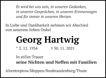 Traueranzeige von Georg Hartwig von Neubrandenburger Zeitung