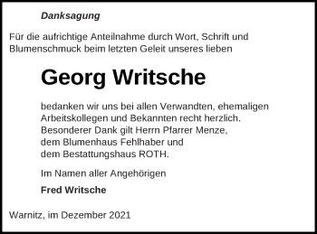 Traueranzeige von Georg Writsche von Prenzlauer Zeitung