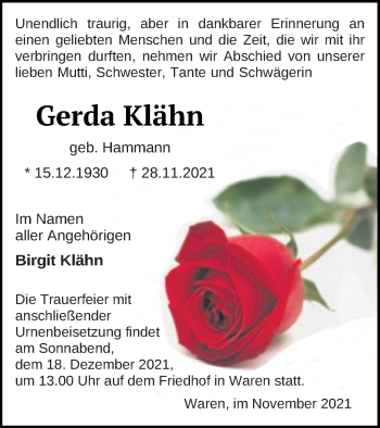 Traueranzeige von Gerda Klähn von Müritz-Zeitung