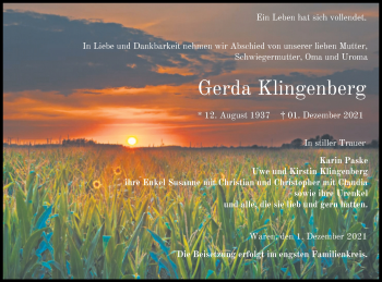 Traueranzeige von Gerda Klingenberg von Müritz-Zeitung