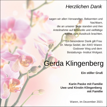Traueranzeige von Gerda Klingenberg von Müritz-Zeitung