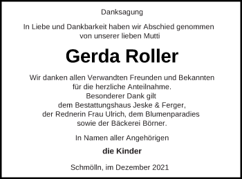 Traueranzeige von Gerda Roller von Prenzlauer Zeitung