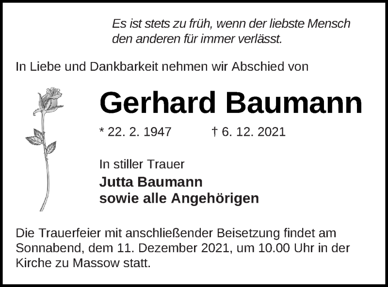  Traueranzeige für Gerhard Baumann vom 08.12.2021 aus Müritz-Zeitung
