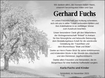 Traueranzeige von Gerhard Fuchs von Demminer Zeitung