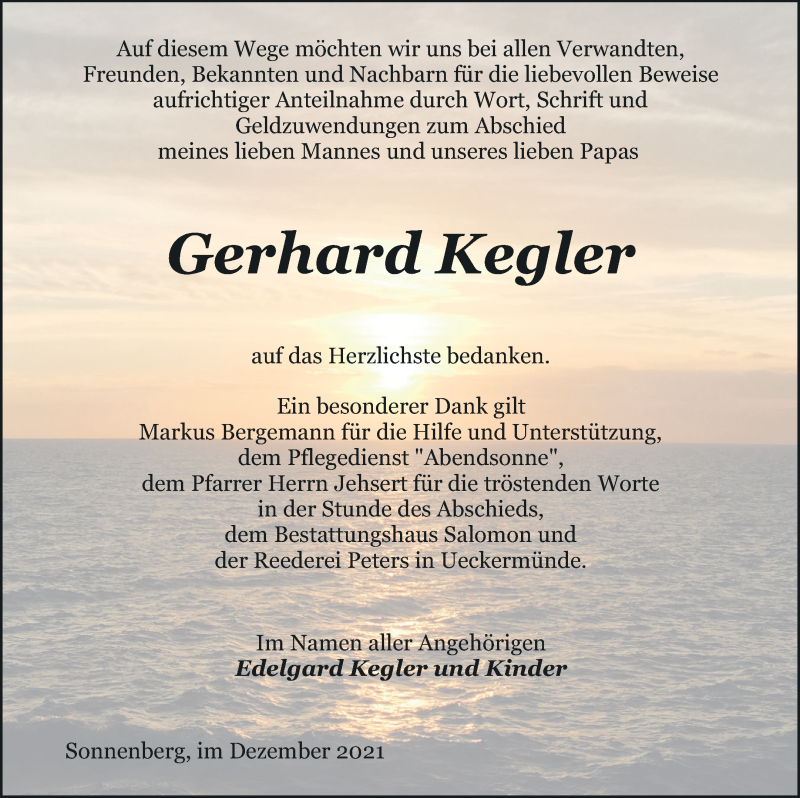  Traueranzeige für Gerhard Kegler vom 22.12.2021 aus Pasewalker Zeitung