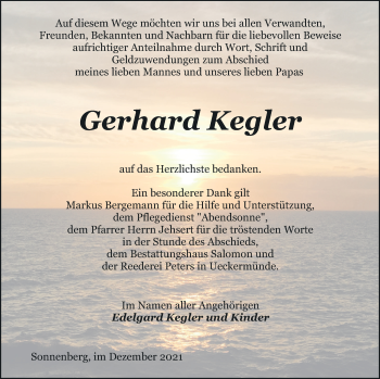 Traueranzeige von Gerhard Kegler von Pasewalker Zeitung