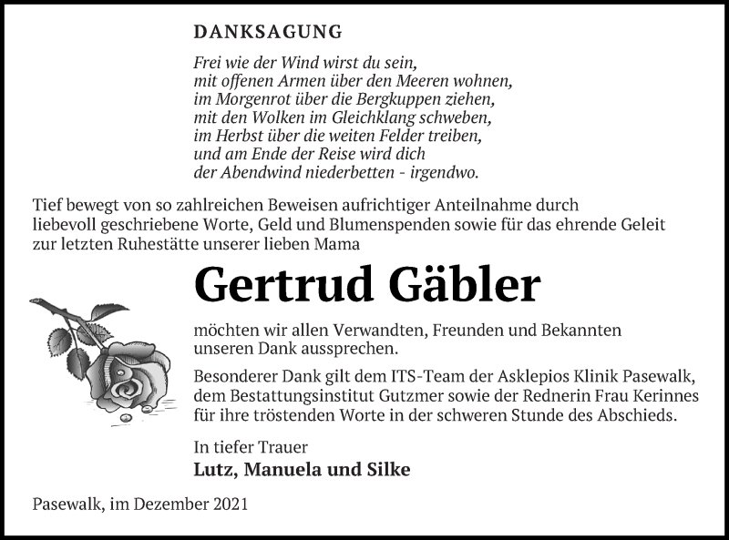  Traueranzeige für Gertrud Gäbler vom 18.12.2021 aus Pasewalker Zeitung