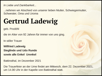 Traueranzeige von Gertrud Ladewig von Pasewalker Zeitung