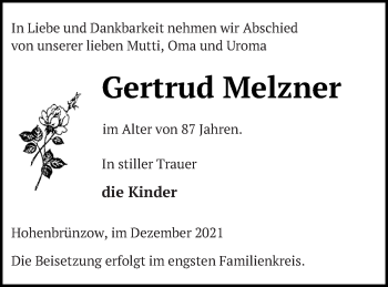 Traueranzeige von Gertrud Melzner von Demminer Zeitung