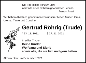 Traueranzeige von Gertrud Röhrig von Neubrandenburger Zeitung