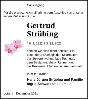 Traueranzeige von Gertrud Strübing von Vorpommern Kurier