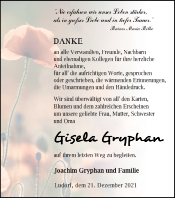 Traueranzeige von Gisela Gryphan von Müritz-Zeitung