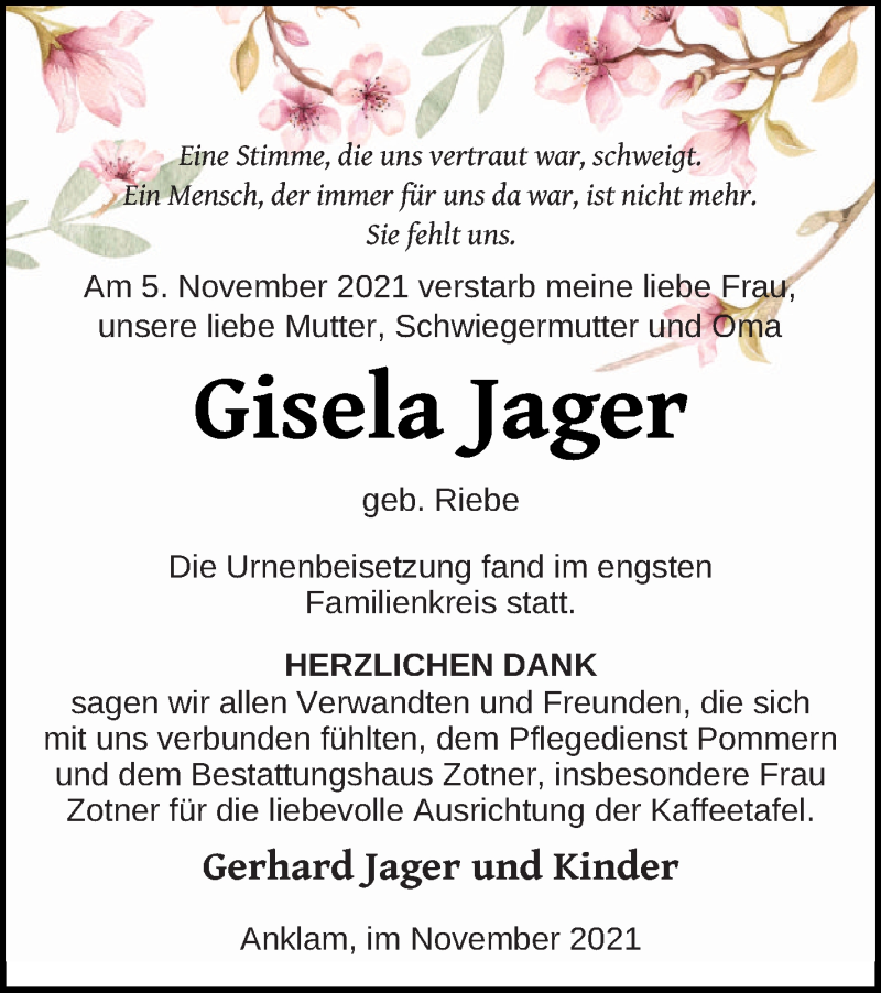  Traueranzeige für Gisela Jager vom 04.12.2021 aus Vorpommern Kurier