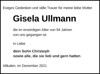 Traueranzeige von Gisela Ullmann von Mecklenburger Schweiz