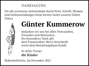 Traueranzeige von Günter Kummerow von Demminer Zeitung