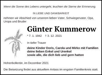 Traueranzeige von Günter Kummerow von Demminer Zeitung